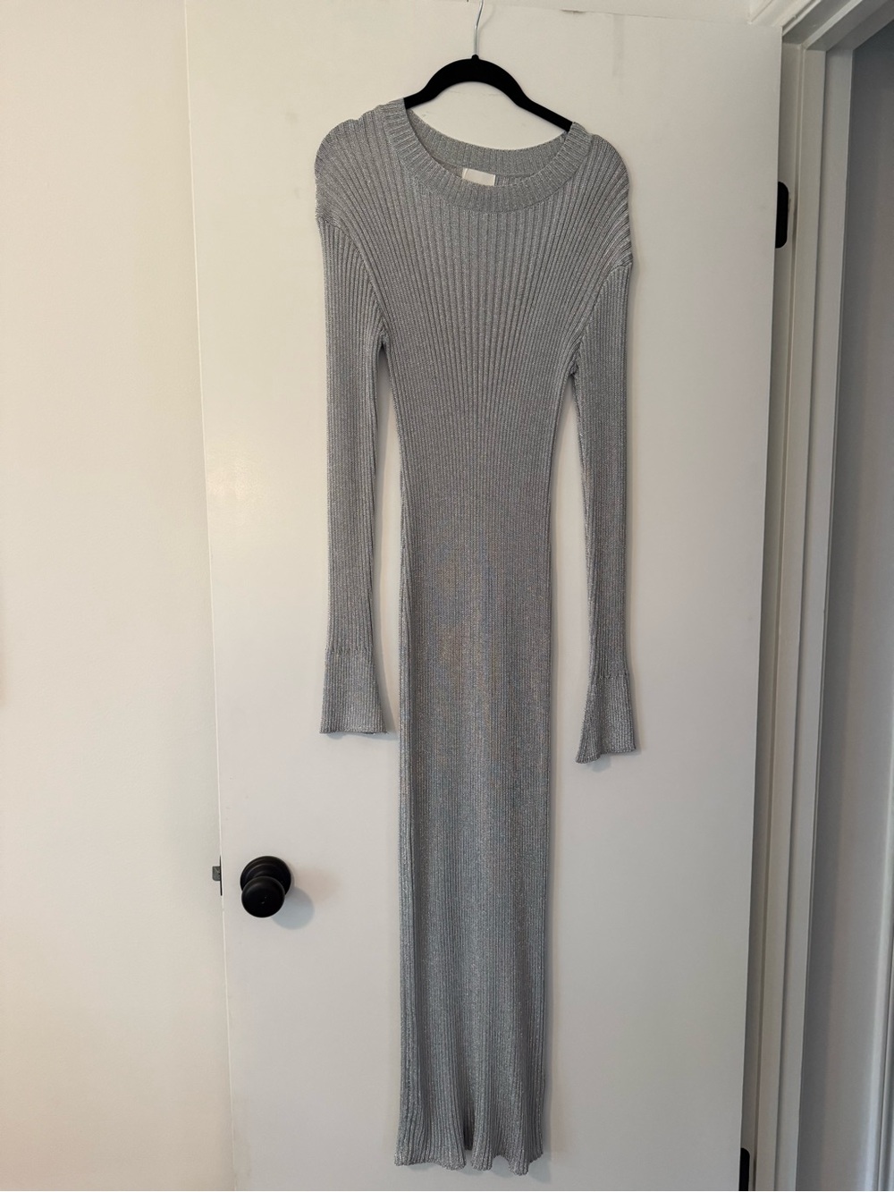 H&M Silver Ribbed Long-Sleeve Maxi Dress